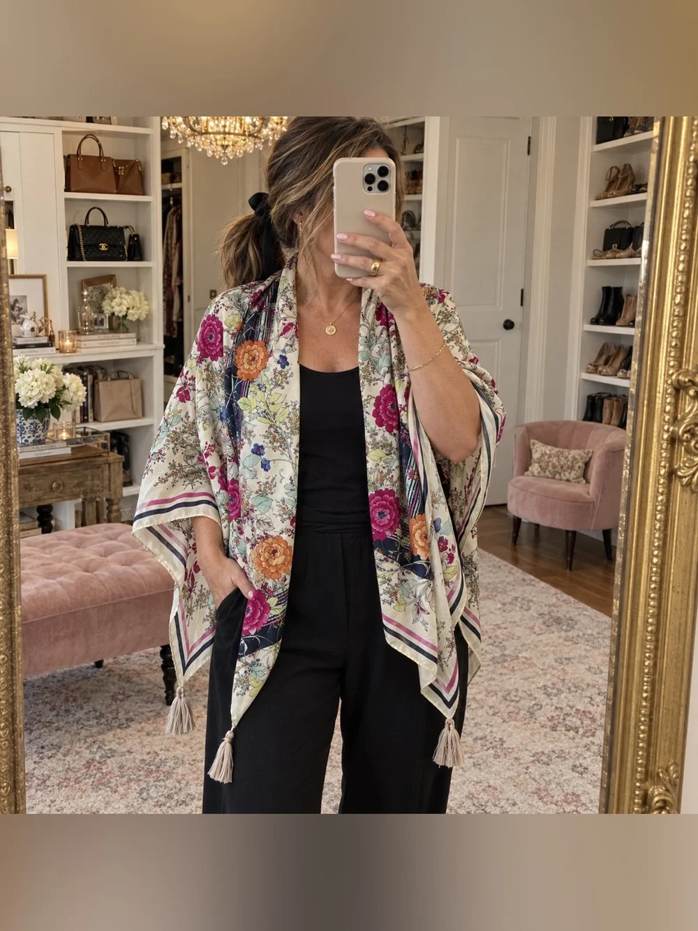 Johnny Was Felix 100% Silk Botanical Floral Tassel Scarf Wrap 44” Square